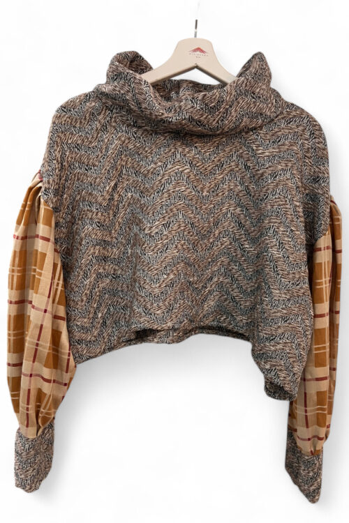 Chevron Wool Crop Top – Brown & Plaid Sleeves