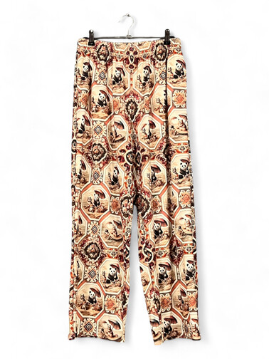 Panda Print Wide-Leg Pants – Beige & Red