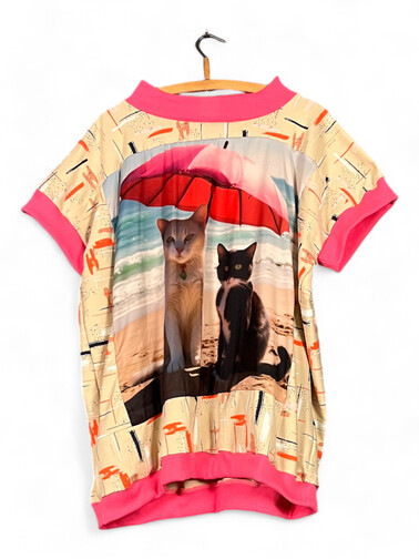 Beach Cats Print Top – Soft Pink & Playful Beige