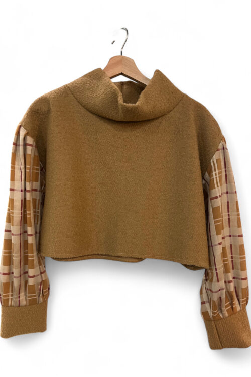 Cozy Wool Crop Top, Camel & Plaid Sleeves