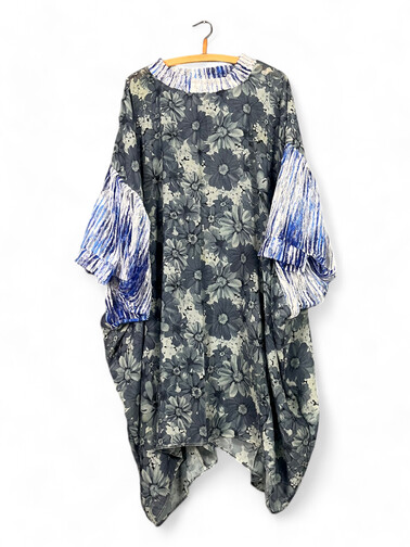 Floral Print Oversized Dress – Blue & Fantasy Lace Sleeves