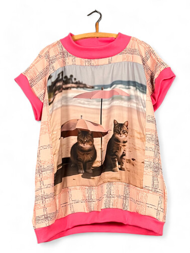 Cat Print Top – Pink & Beige Plaid