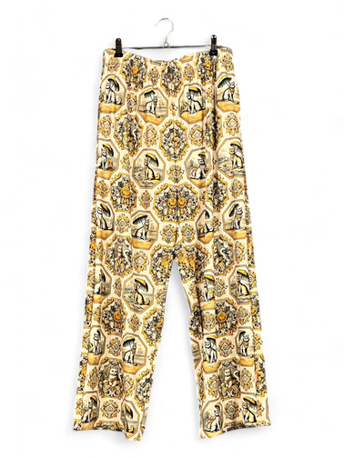 Panda & Cat Print Wide-Leg Pants – Beige & Gold