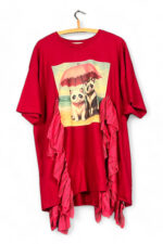 Red Oversized Panda & Cat Print T-Shirt with Ruffles – Playful & Sustainable