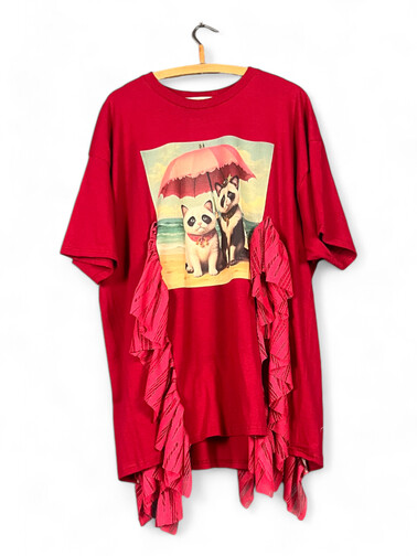 Red Oversized Panda & Cat Print T-Shirt with Ruffles – Playful & Sustainable