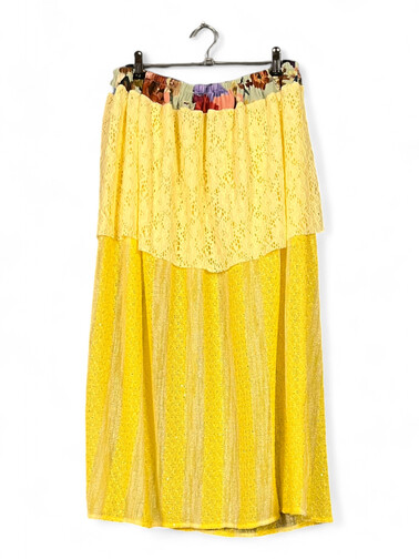 Yellow Lace & Striped Midi Skirt