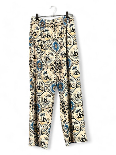 Panda Print Wide-Leg Pants – Beige & Blue