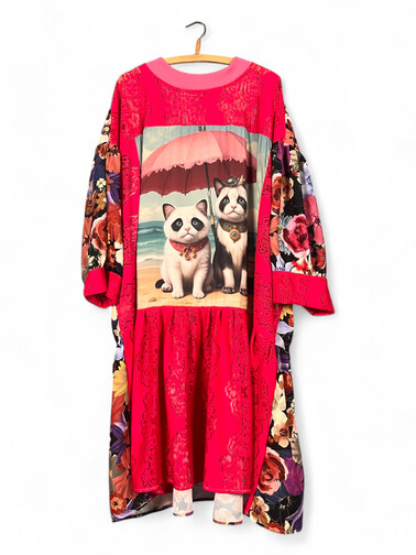 Panda & Cat Print Oversized Dress – Red & Floral