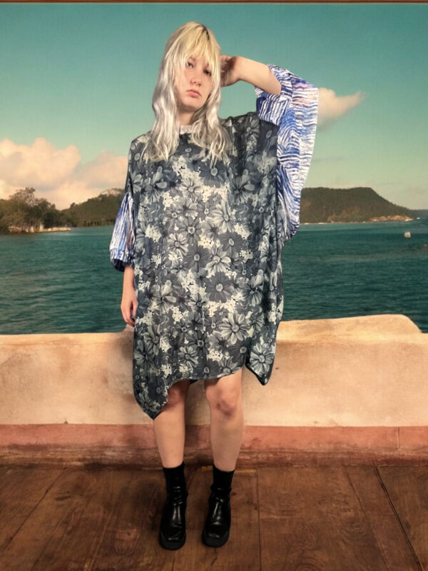 Floral Print Oversized Dress – Blue & Fantasy Lace Sleeves