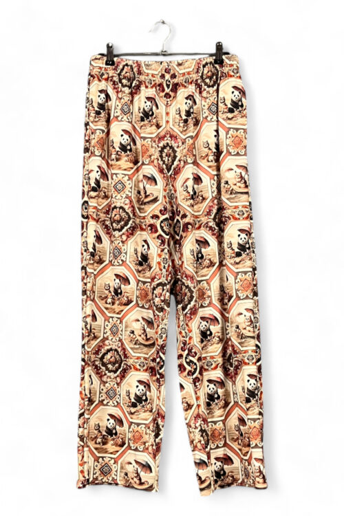 Panda Print Wide-Leg Pants – Beige & Red