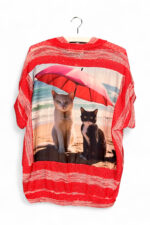 Upcycled Red Striped Top with Cat Beach Print Back