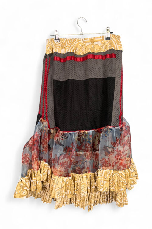 Upcycled Sports Mesh Skirt with Floral Sheer Panel and Ruffles