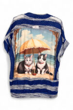 Upcycled Sequin Top Blue and Silver Stripes Cat Beach Print Back
