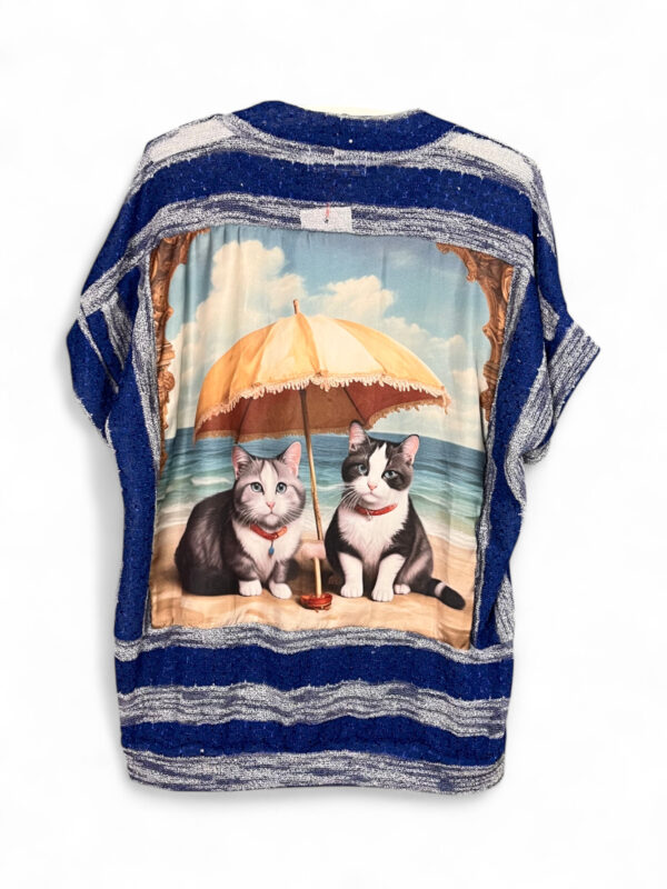 Upcycled Sequin Top Blue and Silver Stripes Cat Beach Print Back