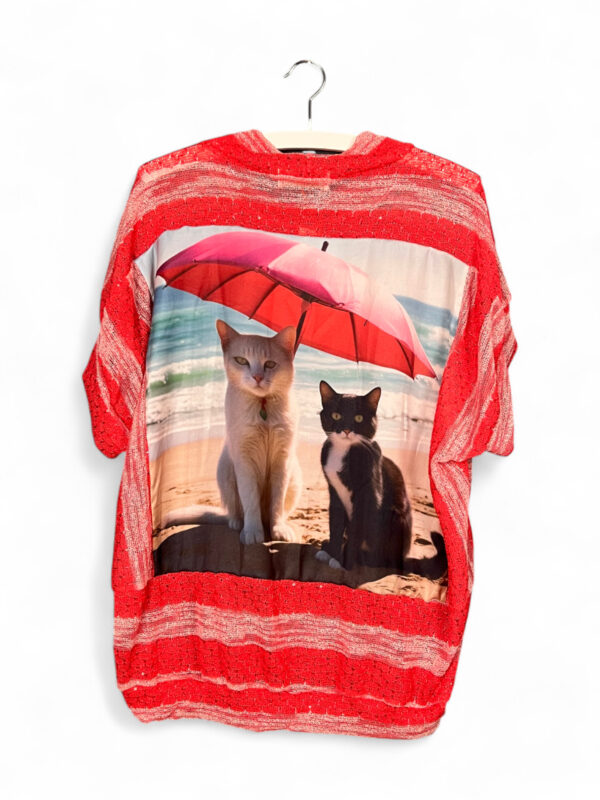 Upcycled Red Striped Top with Cat Beach Print Back