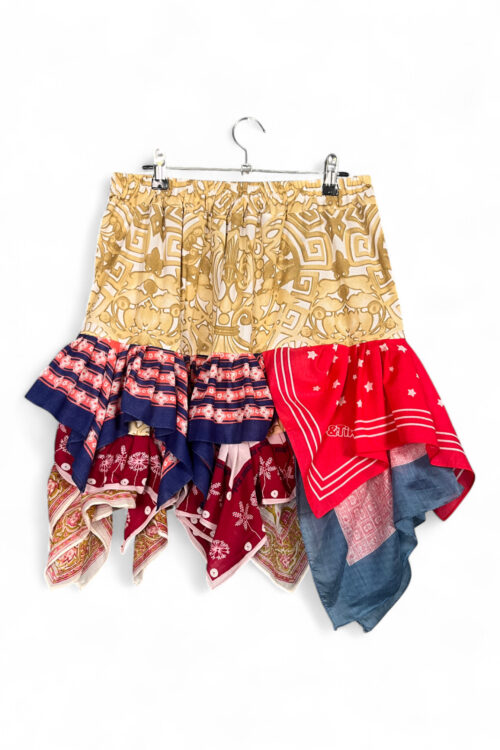 Upcycled Bandana Skirt in Red and Blue with Golden Waistband