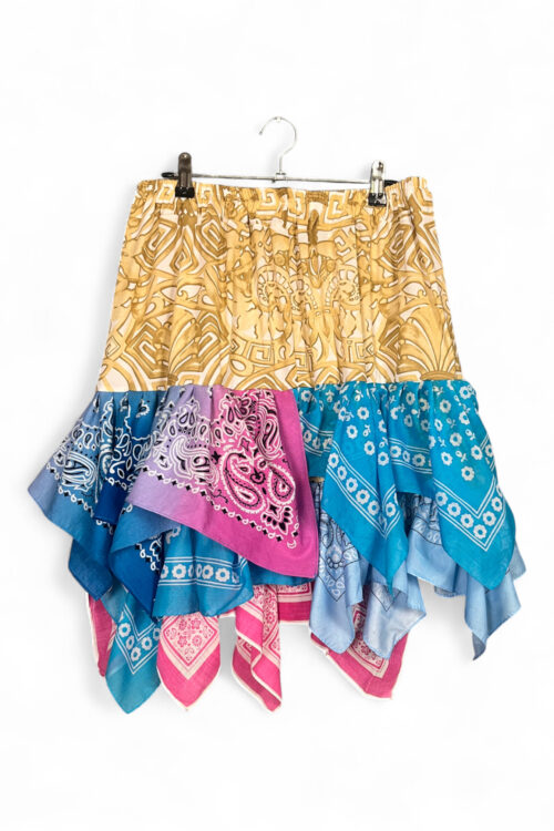 Upcycled Bandana Skirt in Pink and Blue with Golden Waistband