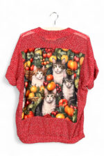 Upcycled Red Top with Cats and Fruits Print Back