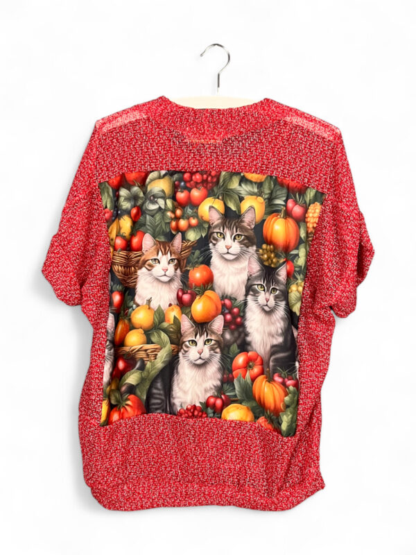 Upcycled Red Top with Cats and Fruits Print Back