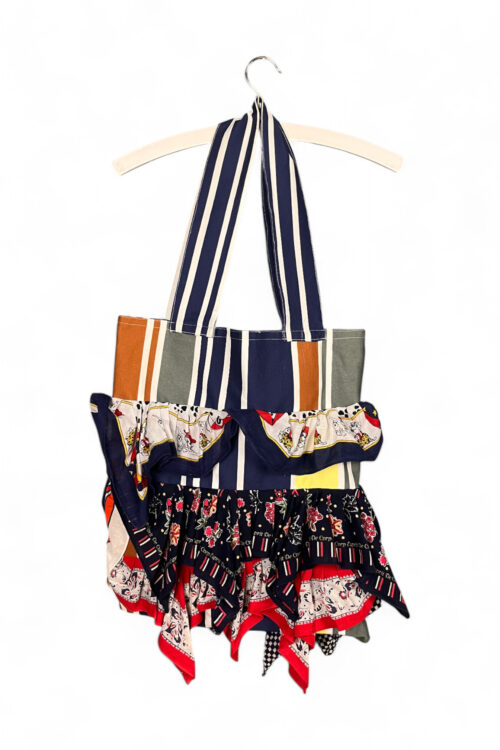 Upcycled Scarf Tote Bag in Elegant Navy and Vibrant Red