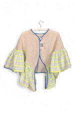Upcycled Kimono Jacket with Neon Yellow Graphic Ruffle Sleeves