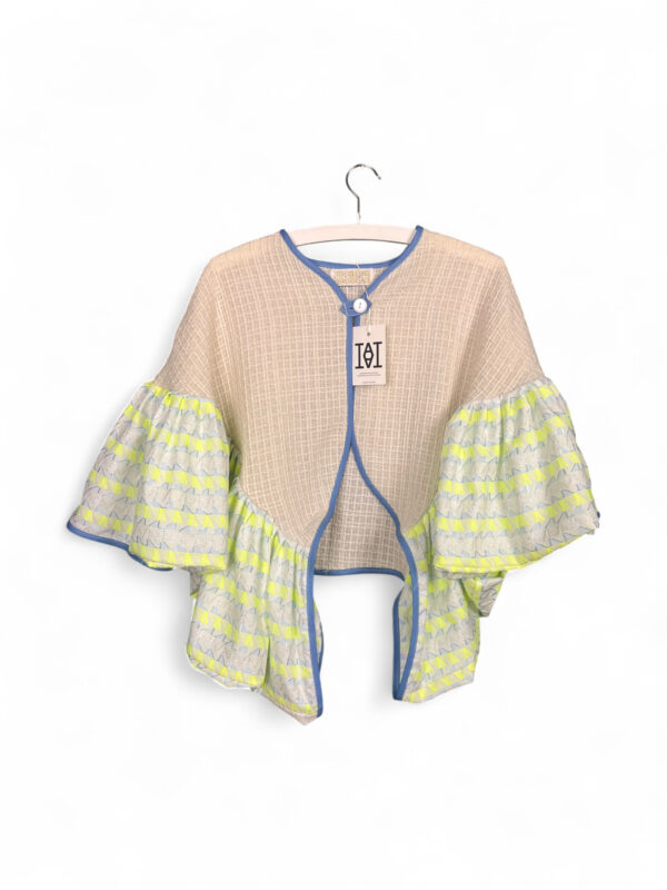 Upcycled Kimono Jacket with Neon Yellow Graphic Ruffle Sleeves