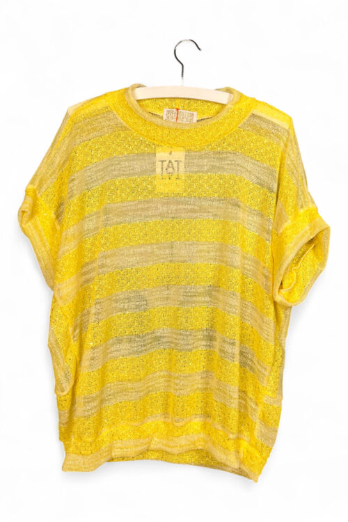 Upcycled Striped Sequin Top Yellow with Cats Under Umbrella Print