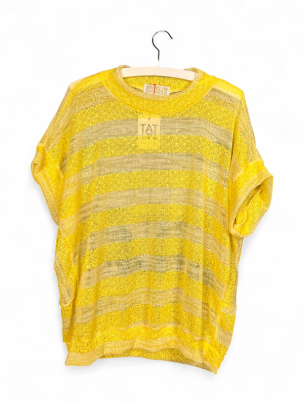 Upcycled Striped Sequin Top Yellow with Cats Under Umbrella Print