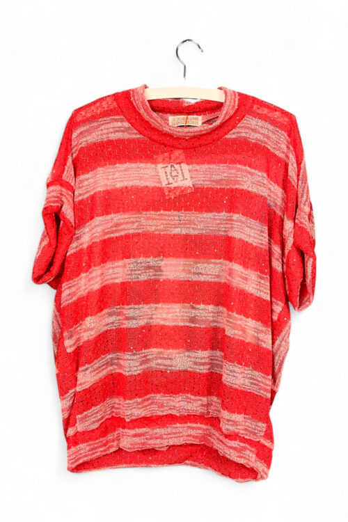 Upcycled Red Striped Top with Cat Beach Print Back