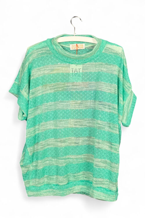 Sequin Striped Top Light Green with Cat Beach Print Back