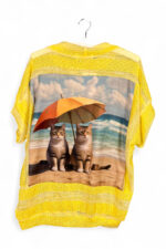 Upcycled Yellow Striped Top with Cats Beach Print on the Back