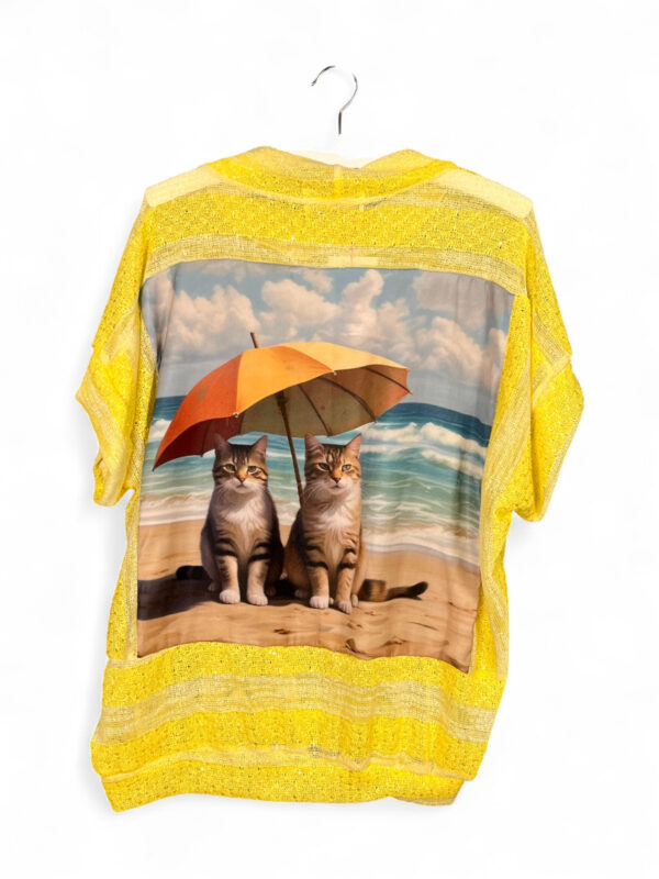 Upcycled Yellow Striped Top with Cats Beach Print on the Back