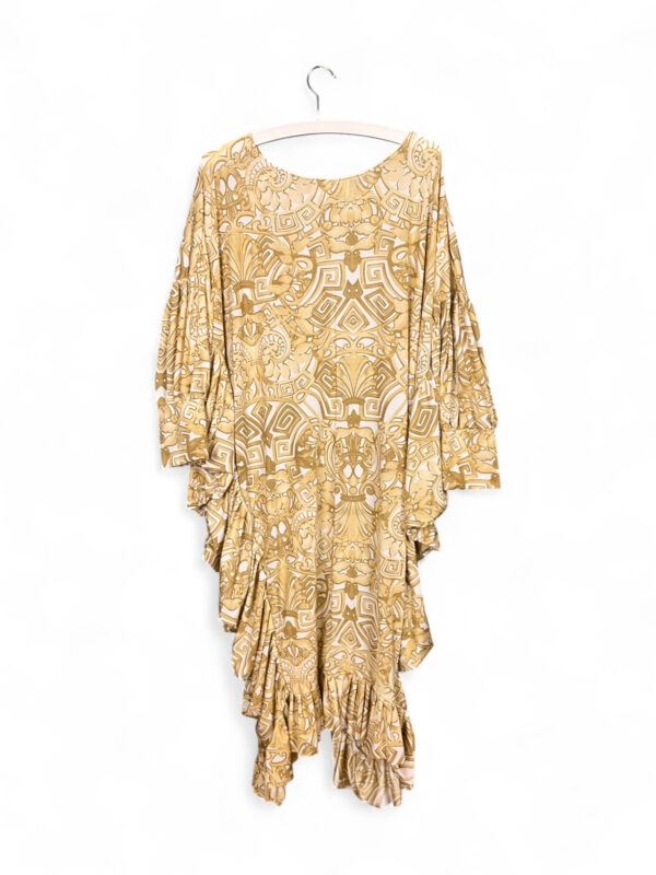 Upcycled Golden Patterned Draped Dress with Ruffles
