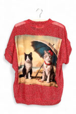 Upcycled Red Top with Cats Beach Print Back