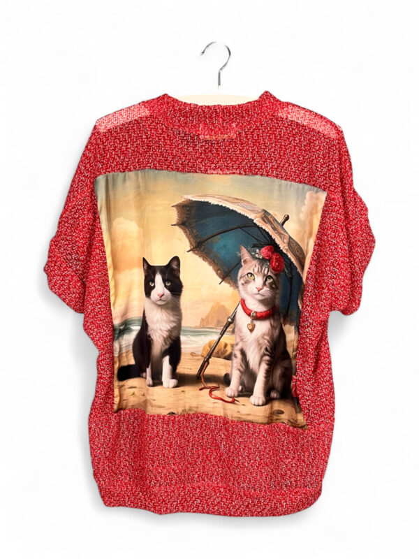 Upcycled Red Top with Cats Beach Print Back