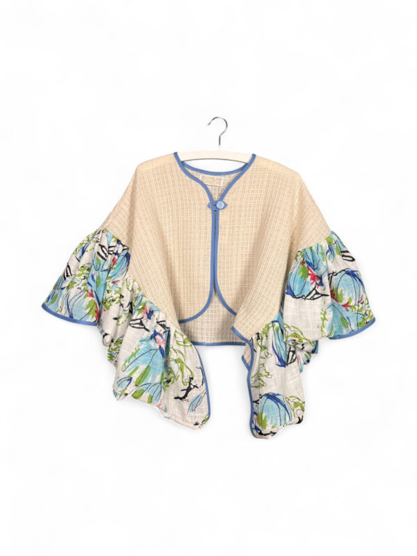 Upcycled Summer Kimono Jacket with Floral Ruffle Sleeves