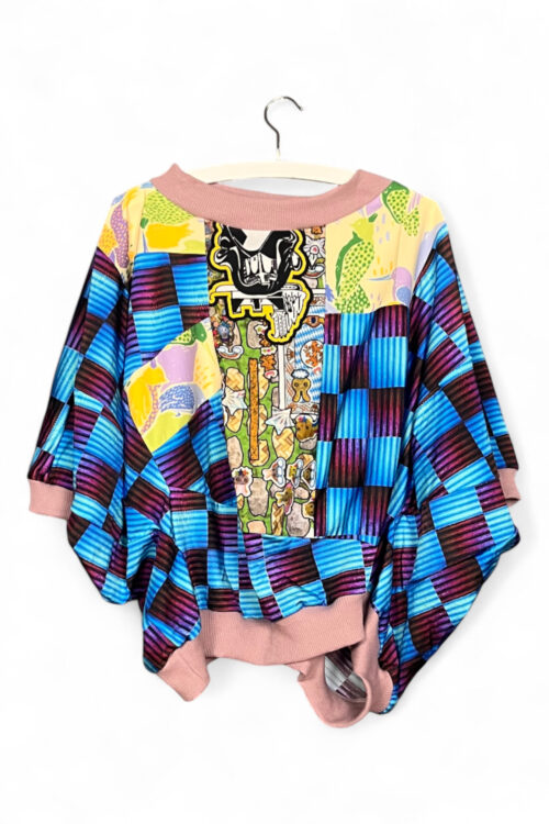 Zero Waste Patchwork Sweatshirt with Vibrant Blue Checkers