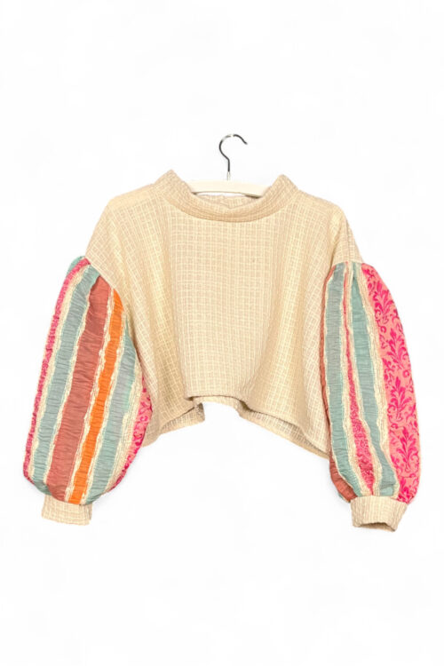 Cotton Linen Cropped Top with Playful Balloon Sleeves