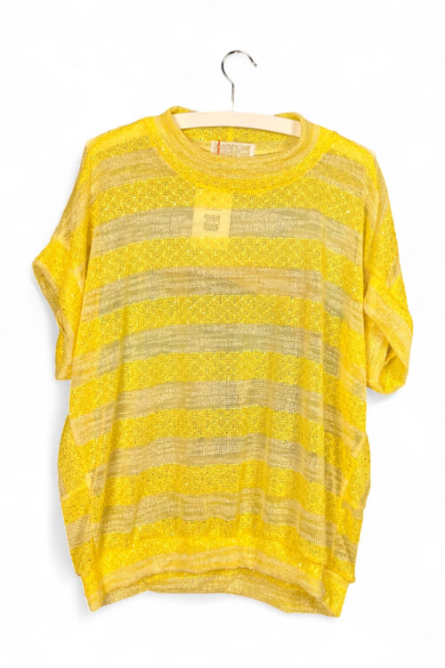 Upcycled Yellow Striped Top with Cats Beach Print on the Back