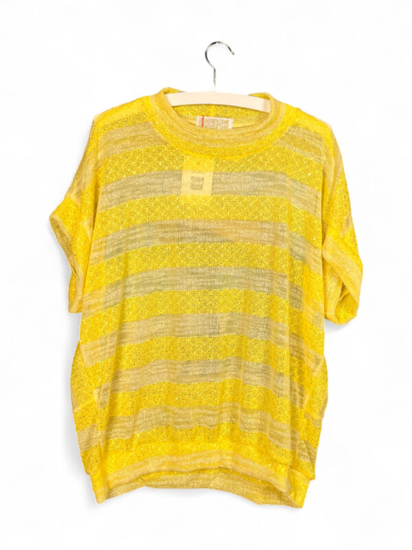 Upcycled Yellow Striped Top with Cats Beach Print on the Back