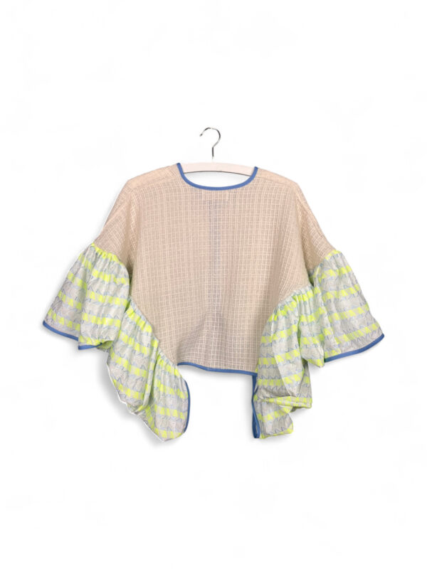 Upcycled Kimono Jacket with Neon Yellow Graphic Ruffle Sleeves