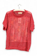 Upcycled Red Top with Cats and Fruits Print Back