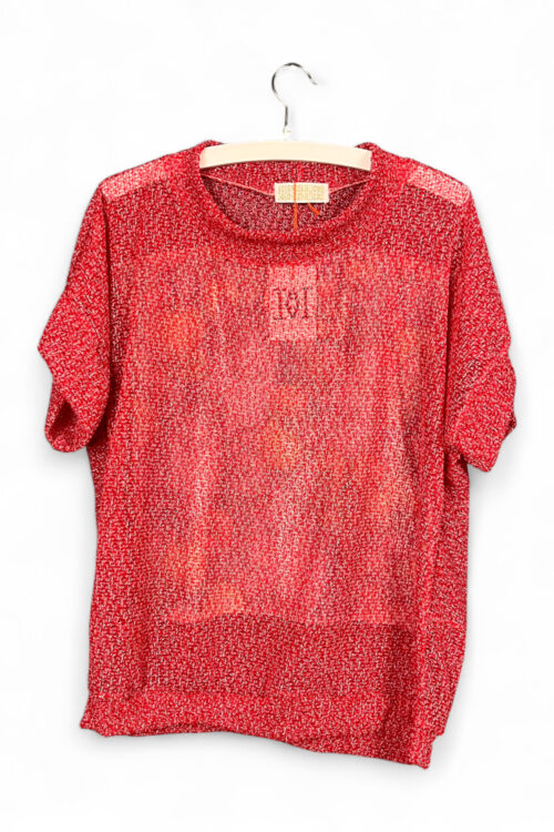 Upcycled Red Top with Cats and Fruits Print Back