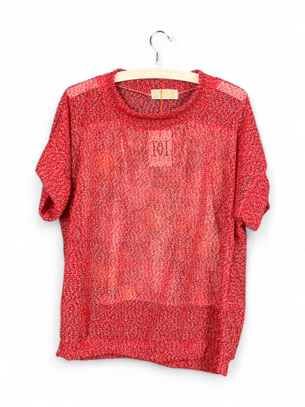 Upcycled Red Top with Cats and Fruits Print Back