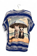 Striped Sequin Top Blue and Grey with Cat Panda Back Print