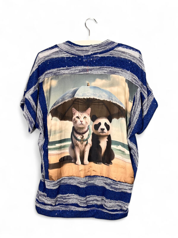 Striped Sequin Top Blue and Grey with Cat Panda Back Print