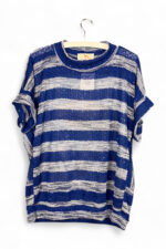 Upcycled Sequin Top Blue and Silver Stripes Cat Beach Print Back