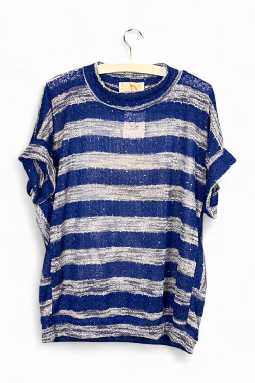 Upcycled Sequin Top Blue and Silver Stripes Cat Beach Print Back