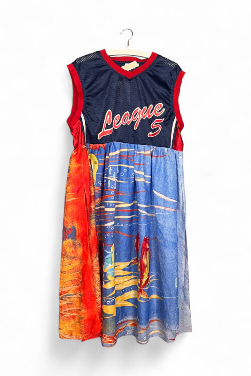 Upcycled League Dress in Navy and Red with Ocean Print