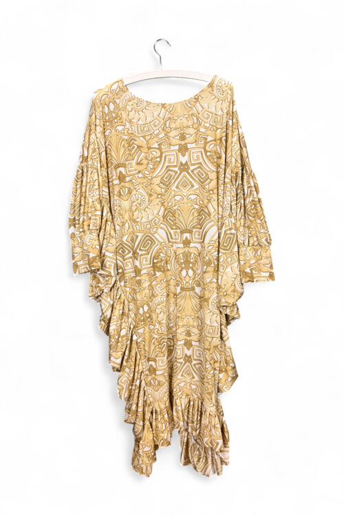 Upcycled Golden Patterned Draped Dress with Ruffles